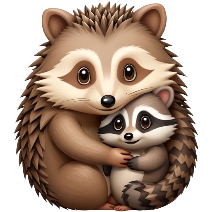 Hedgehog and raccoon hugging emoji