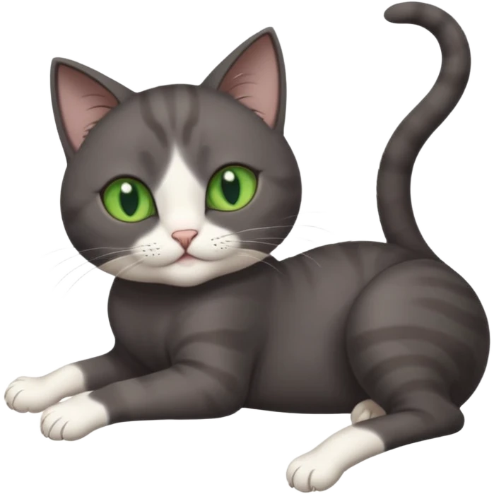 dark grey cat with green eyes, white toes/paws and white patch on her chest playfully rolling upside down emoji