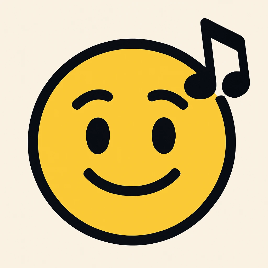 Adjust the emoji style to match the Rednote app emoji style exactly: flat, rounded expressive face, yellow and black colors, musical note accent, no 3D or shading. emoji