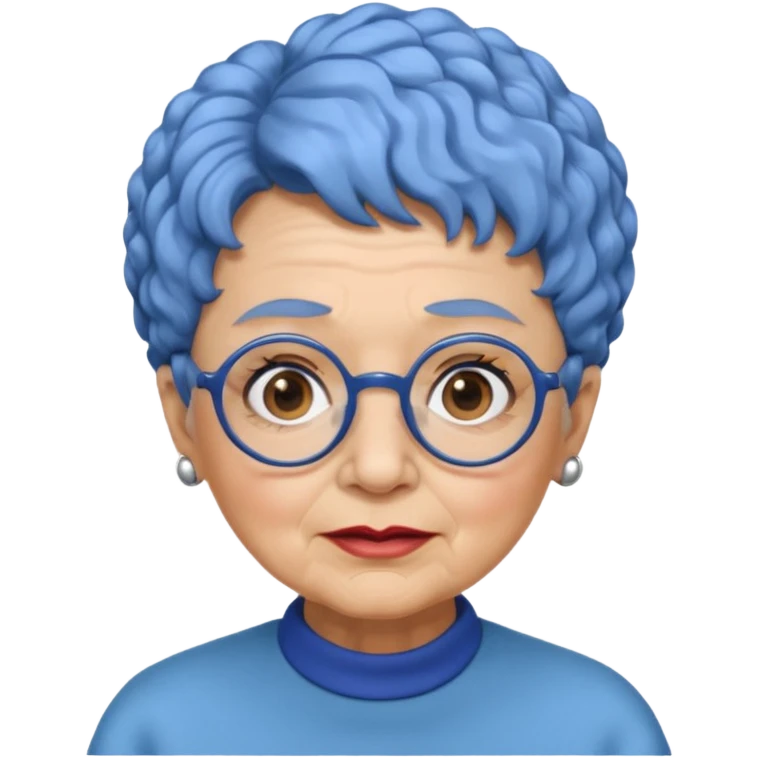 old lady with short, curly blue hair, matching blue eyebrows, light brown skin, round black glasses, and a neutral facial expression. emoji
