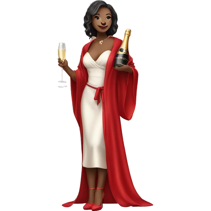 Girl in high heels and red robe posing while holding champagne bottle emoji