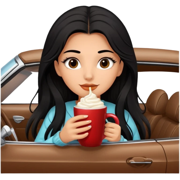 Tanned Girl with lashes , bright black long hair, in an extremely big fluffy brown mustang, and drinking hot chocolate drink emoji