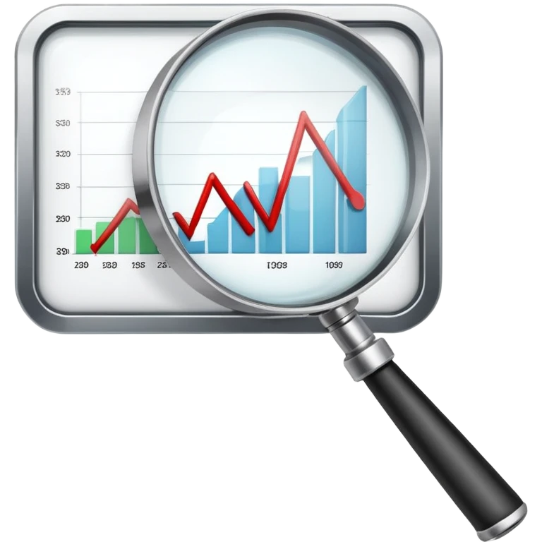 magnifying glass examining a downward trending chart, decreasing graph emoji