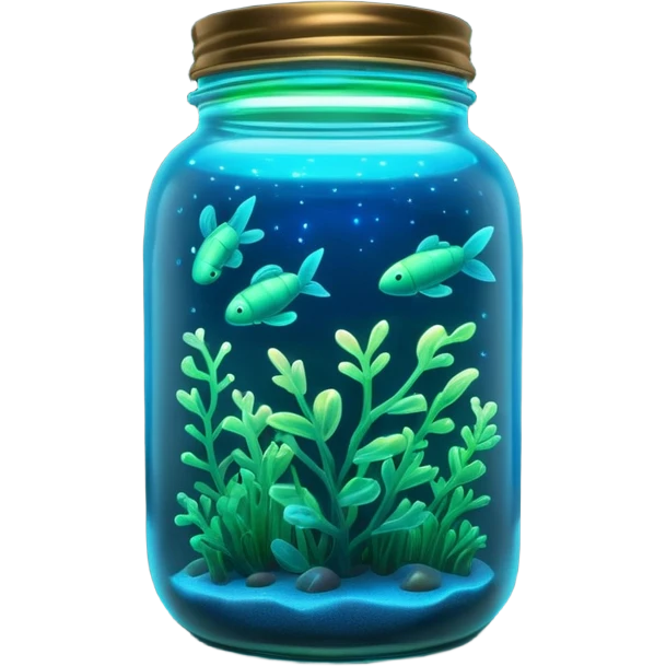 3D render of Firefly Jar, bioluminescent deep sea style, glowing neon blue and green lights, dark background to contrast the glow, translucent organic textures. emoji