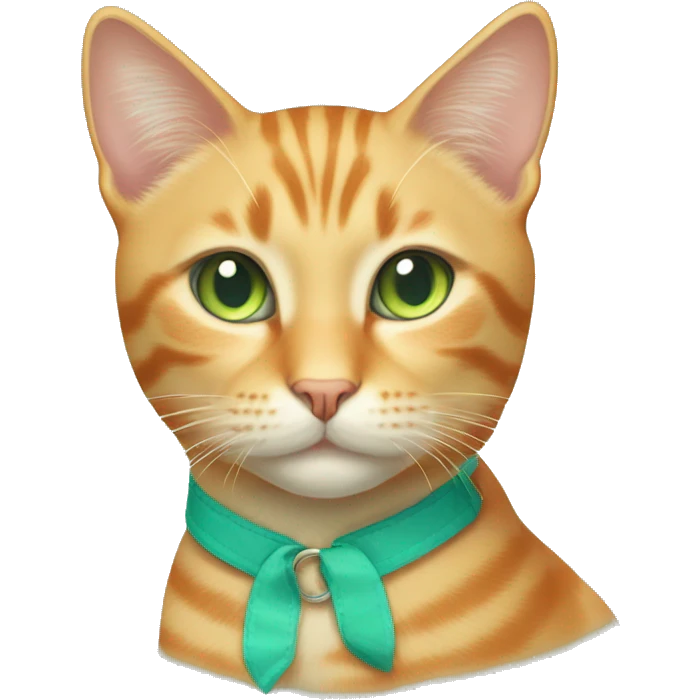 light orange stripes cat with pale green eyes and a teal collar  emoji