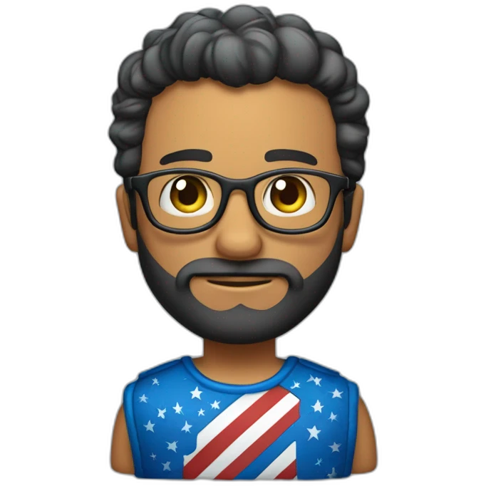 Homem acima do peso, loiro médio, com cabelo crespo curto, barba, olho azul e que usa óculos emoji