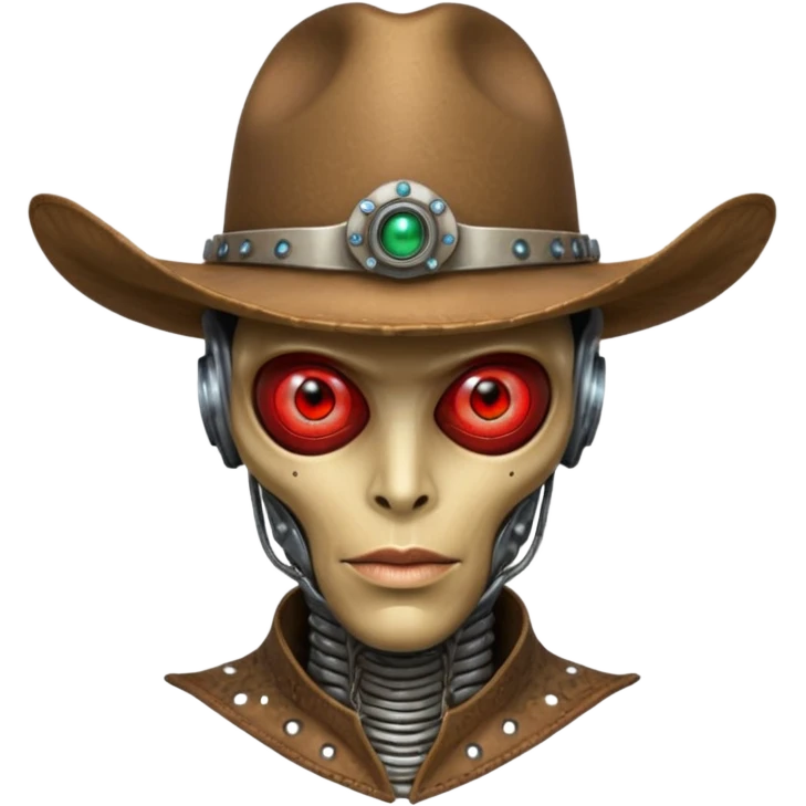 Close-up portrait of a biomechanical alien cowboy, half organic half robotic face, metallic textures blending with alien skin, glowing red eye, futuristic cowboy hat, moody lighting, ultra realistic detail, cyber-western style
 emoji