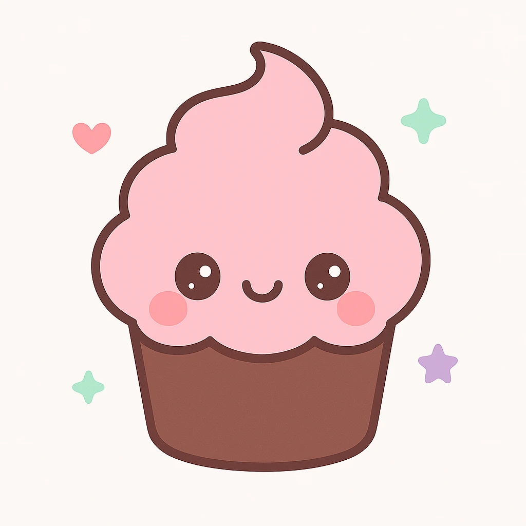 Make the cupcake chocolate with pink icing, kawaii cute style. emoji