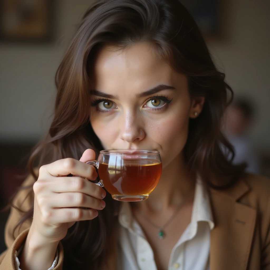 realistic woman giving side eye while sipping hot tea with her pinky up, photorealistic style, expressive face emoji