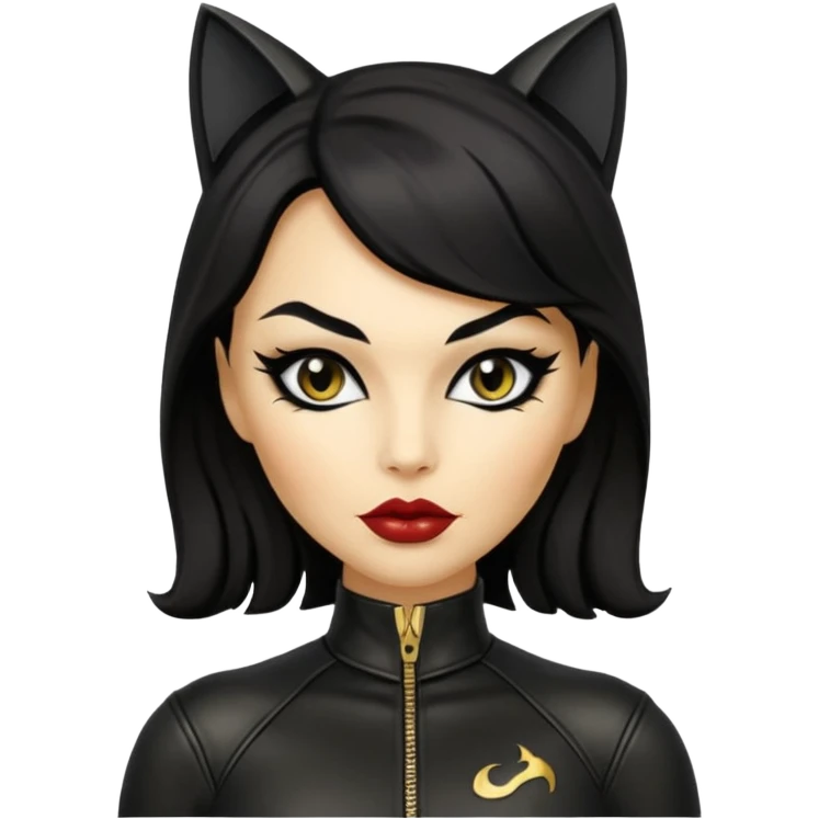 Cat woman goldish skin dark black eyes with black eyeliner dark hair big lips  emoji