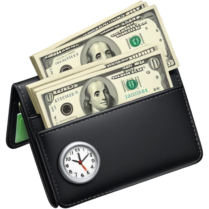 black wallet with dollar bills sticking out and a small clock in top right corner over the wallet emoji