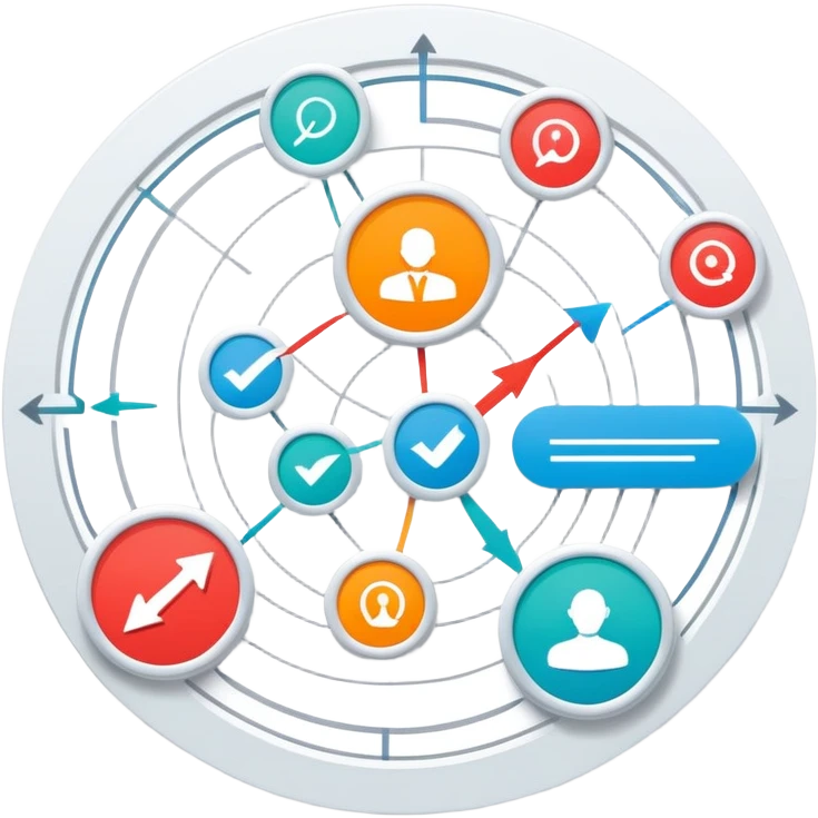 Organizational management system with feedback mechanisms, dashboard with arrows showing information flow, circular process with reports and comments emoji