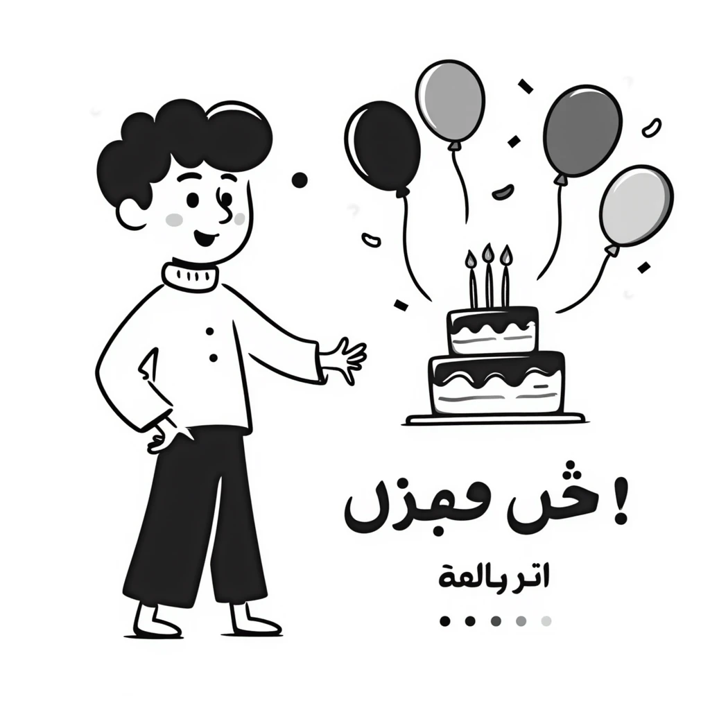 A happy little boy celebrating with a birthday cake with lit candles, balloons and streamers in the background. Include the Persian text at the bottom saying: "امیدرضاجان تولدت مبارک" emoji