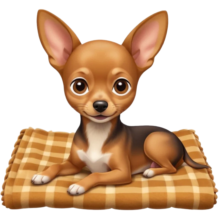 Miniature Pinscher Chihuahua mix lying on a blanket, big ears, playful look emoji
