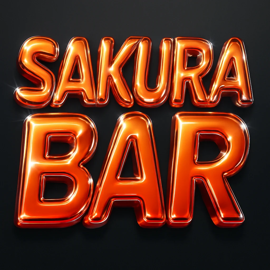 Make the 'Sakura Bar' bubble letters font more Y2K style—futuristic, metallic, shiny, with playful curves and a retro 2000s vibe, keep orange and red colors. The style should reflect a glossy, metallic, and futuristic look typical of early 2000s design aesthetics. emoji
