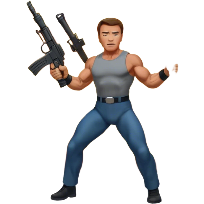 Icon for Action Movies: Arnold Schwarzenegger in the lead role, in an intense action pose with weapons, explosions, and dramatic background. The design should evoke the classic action movie feel with muscle-bound heroes and high-energy sequences. Transparent background. emoji