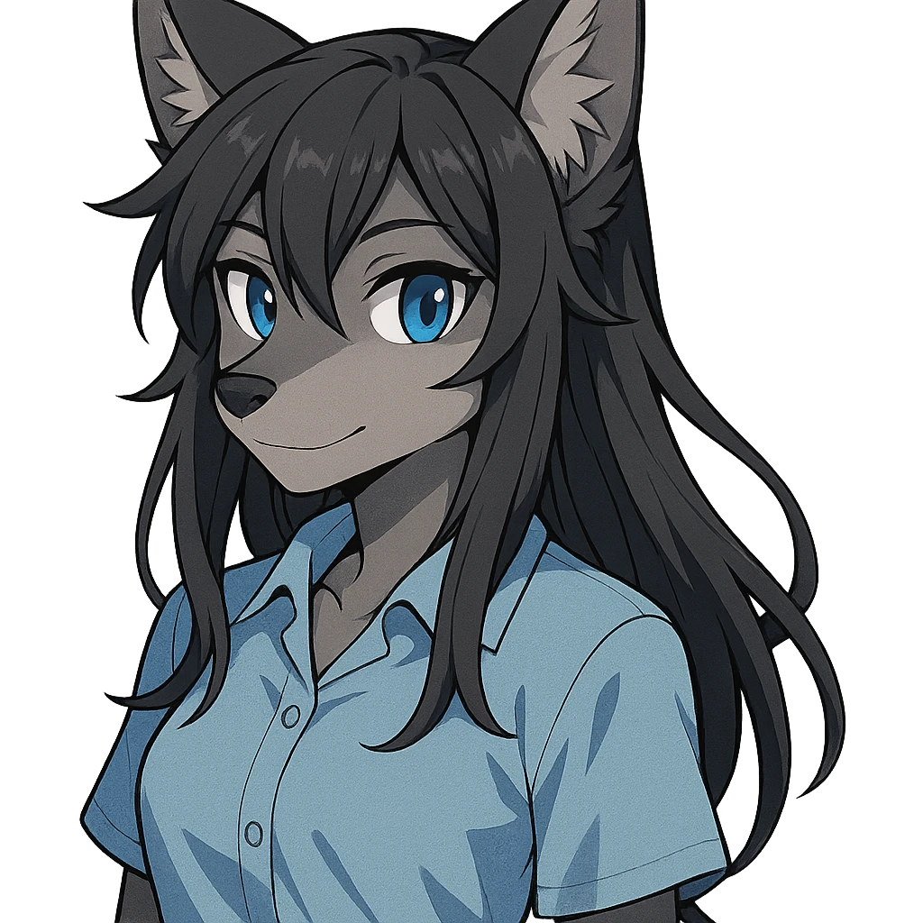 anime style wolf furry character with blue eyes, long black hair, wearing a light blue shirt emoji