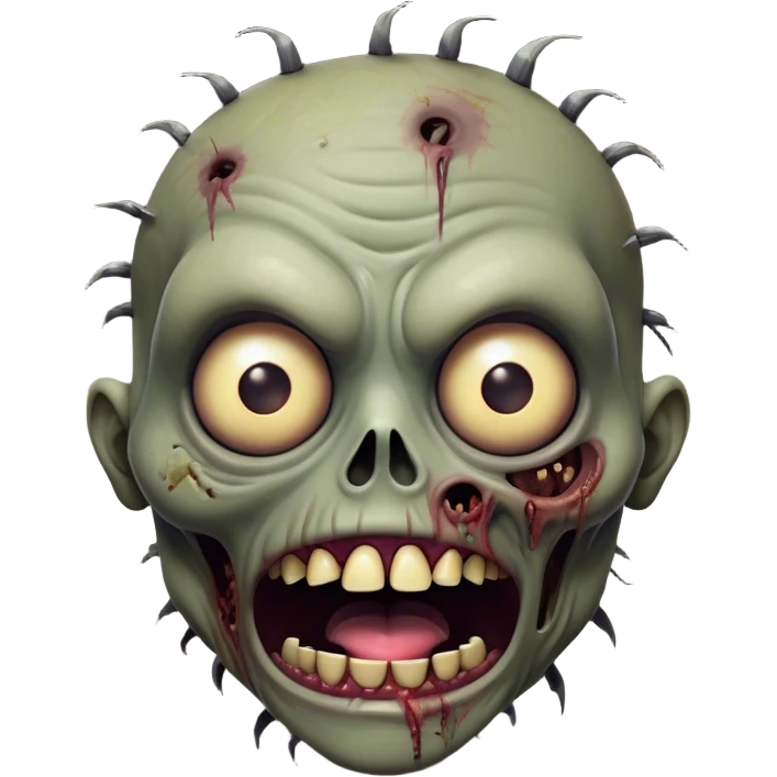 Cinematic Comical Zombie Portrait Emoji, with a grotesquely exaggerated yet playful decaying face in muted ashen tones, head cocked in a dramatically shocked expression with wildly comical, googly eyes and a gaping, silly grin revealing quirky stitches, simplified yet hilariously expressive, highly detailed with a soft eerie glowing outline capturing the absurd humor of a zombie in comic disbelief! emoji