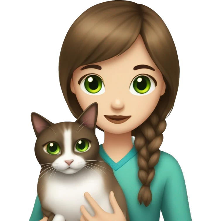 Girl with green eyes, long brown hair with bangs hugs Siamese cat with blue eyes   emoji