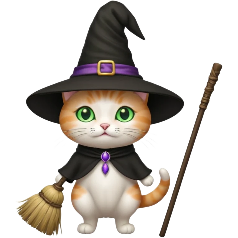A cat with a broom and a witch hat and a wand emoji