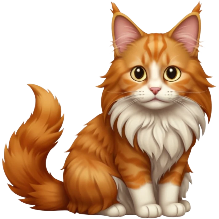 A ginger Maine Coon cat with a fluffy tail and tufted ears, sitting and looking curious emoji