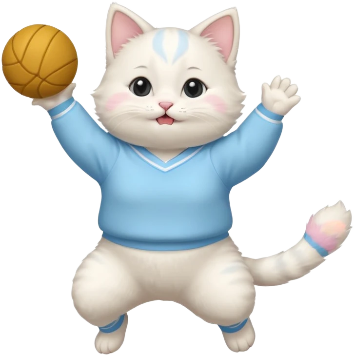 A chubby white kitten in pastel uniform jumping in cheer pose. emoji