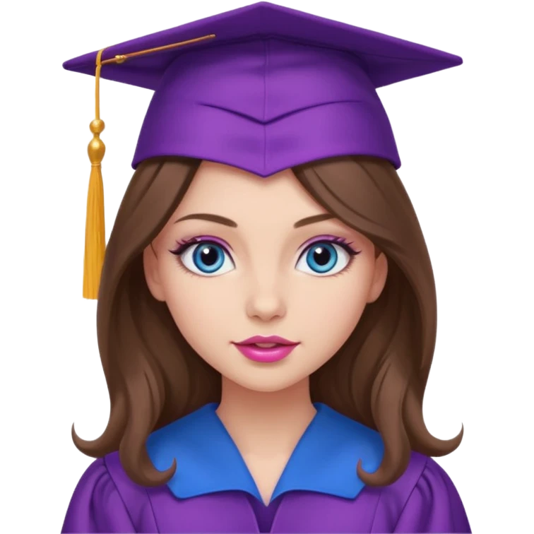 girl with gorgeous lightly curled long brown hair, blue eyes, long lashes makeup, sexy pink lips, wearing a purple graduation cap and gown emoji