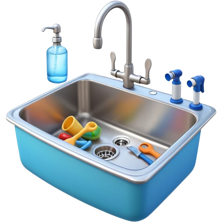 3D Pixar-style kitchen sink with a faucet and water running, some plumbing tools nearby, bright clean look, realistic but colorful, isolated on white

 emoji