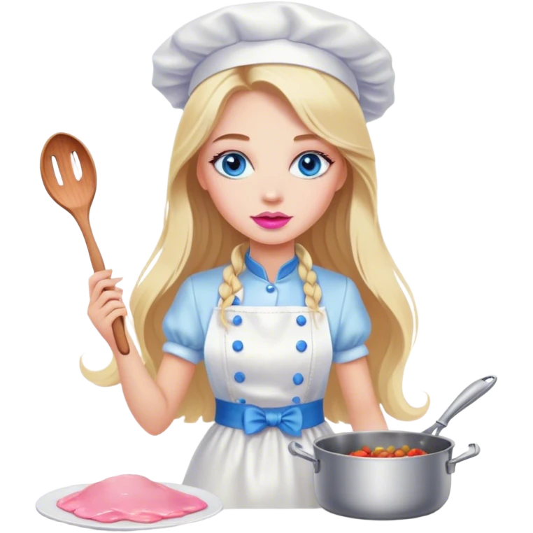 Cinematic realistic beautiful blonde with long hair, blue eyes and pink lips in a white dress cooks emoji