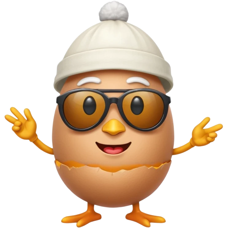 a funny, proud cartoon-style egg character wearing sunglasses and a small fan cap , solid orange background. emoji