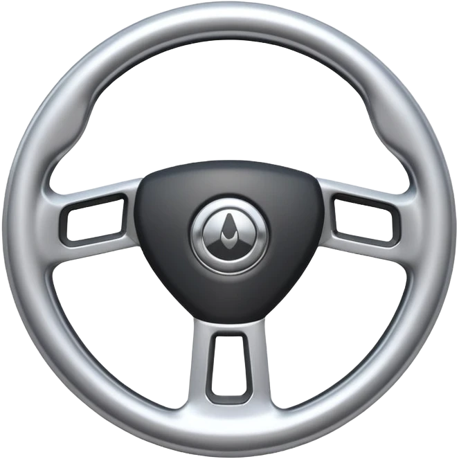 A futuristic steering wheel emoji made of silver chrome, minimal geometric design, smooth metallic surface, soft reflections, iOS emoji style, centered, clean white background emoji