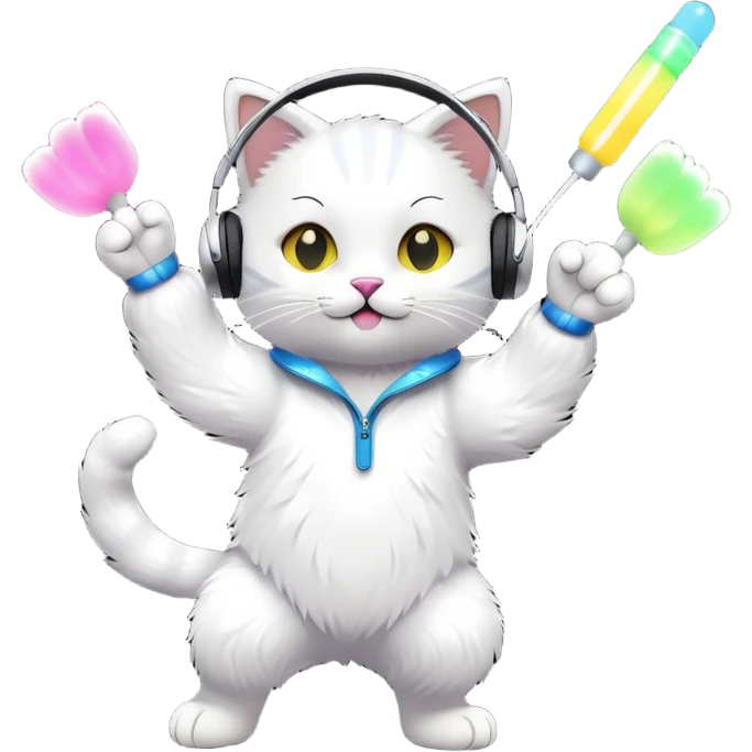 cat dancing with headphones, glow sticks, college party atmosphere emoji
