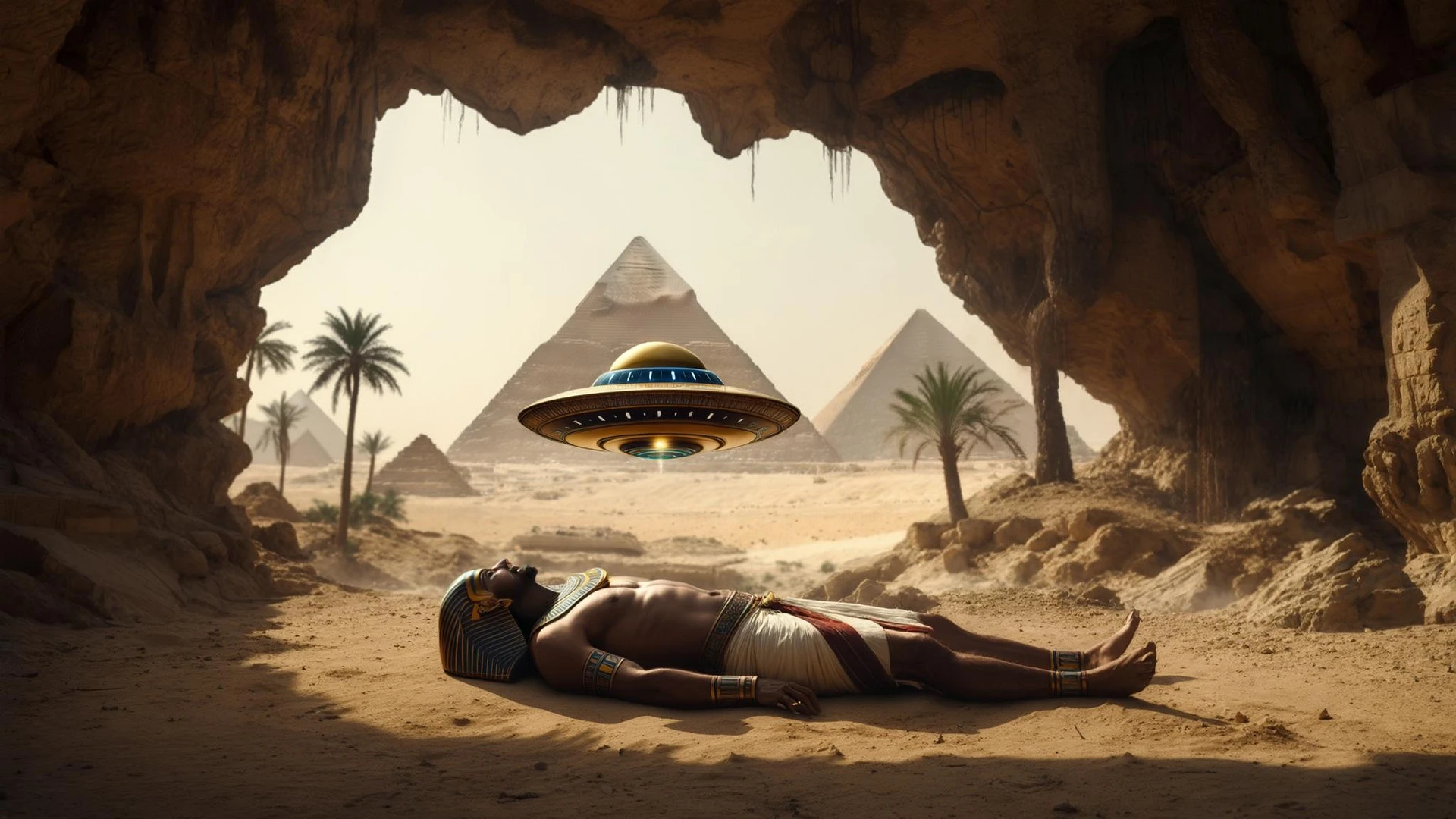 cinematic still, documentary photography, acient egypt, back shot of a man dress in ancient clothes in cave on ground laying front of small ufo starship, palms, dynamic scane, leading lines, captured by arri alexa, depth layers, piramids in babckground emoji