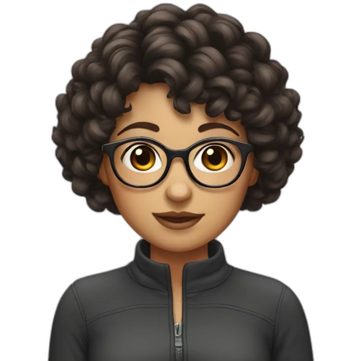 girl with short curly dark brown hair and bangs and thin glasses emoji