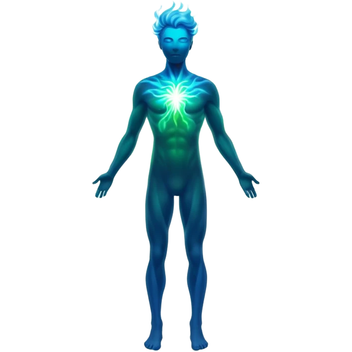 Masculine silhouette formed by radiating ethereal energy waves, abstract flowing aura in shape of man, minimalist emoji