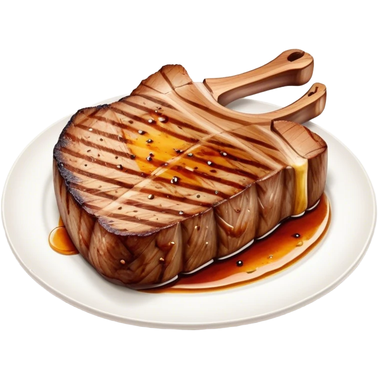 Cinematic thick-cut scotch t-bone steak, perfectly seared with grill marks, a grilled center, rich and savory, warm glow, sizzling and mouthwatering, highly detailed and appetizing. emoji