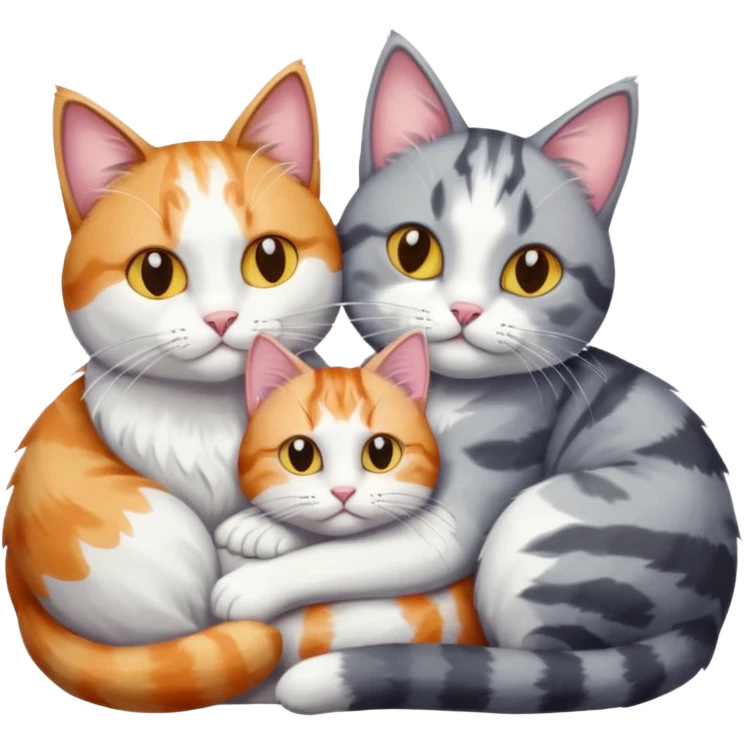 big grey and white cat cuddling a colourful light patched calico + white tabby cat emoji