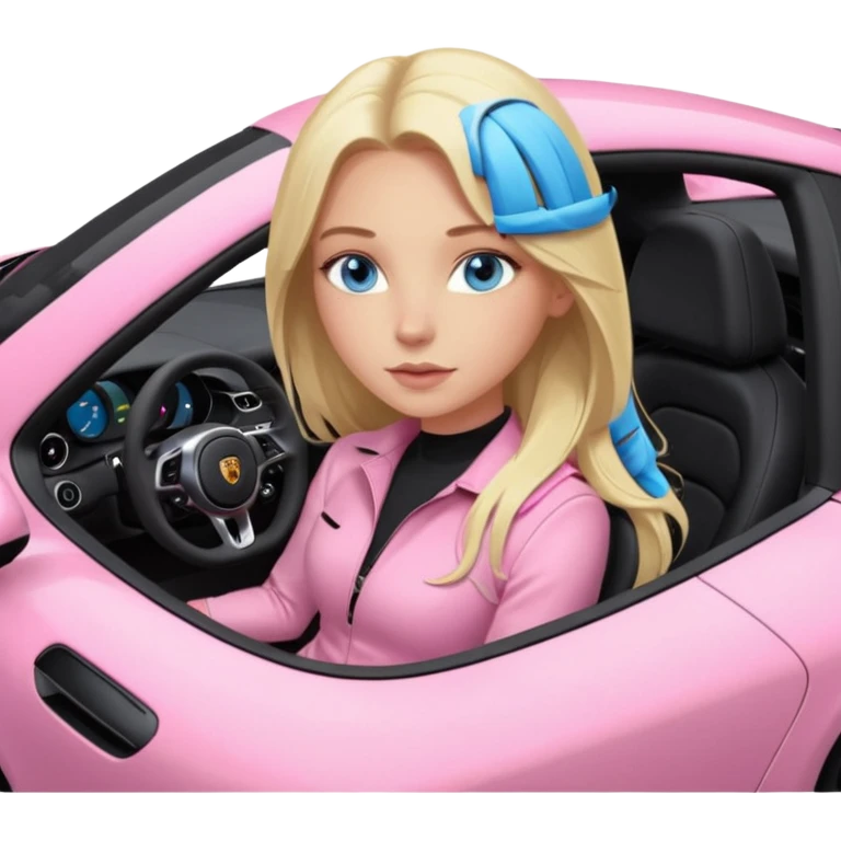 pink Porsche taycan with blonde girl, long hair, blue eyes, sitting inside the car, front view point of view, no sunglasses, sexy emoji