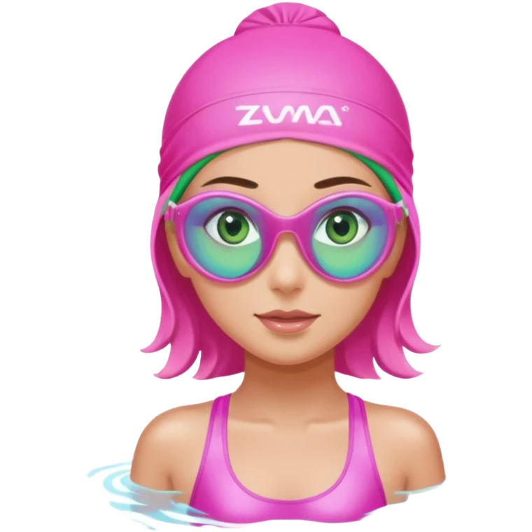 pretty girl with green eyes pink swim cap holographic swimming glasses and cute profesional swimmer pink swimsuit without her hair visible emoji