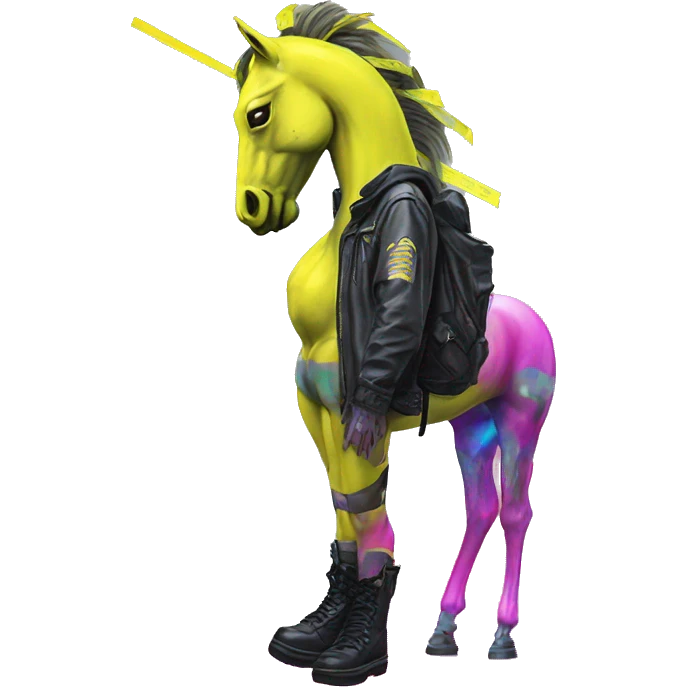 .Zombie_ Vaporwave black holographic oilslick zombie unicorn yellow caution tape graffiti Pegasus with  prosthetic leg  emoji