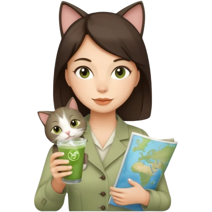 a brunette woman in here 30S drinking an iced matcha, carrying a grey cat and a map of the world emoji