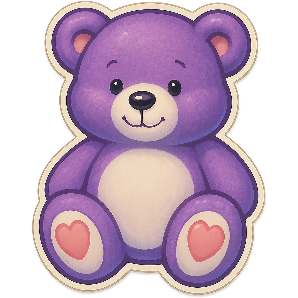 Remove the glitter effect from the purple and white teddy bear's fur, keep it soft and plush, no shadows, flat lighting, no background. emoji