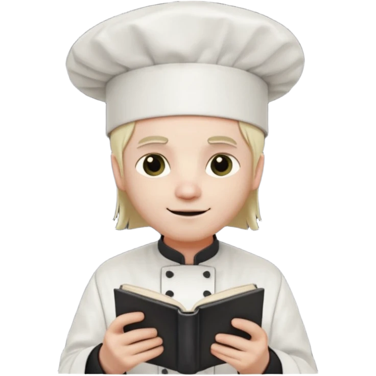 ["A happy man with pale skin, straight hair, wearing a chef hat and no glasses, dressed in goth fashion, is reading a book while holding a camera."] emoji
