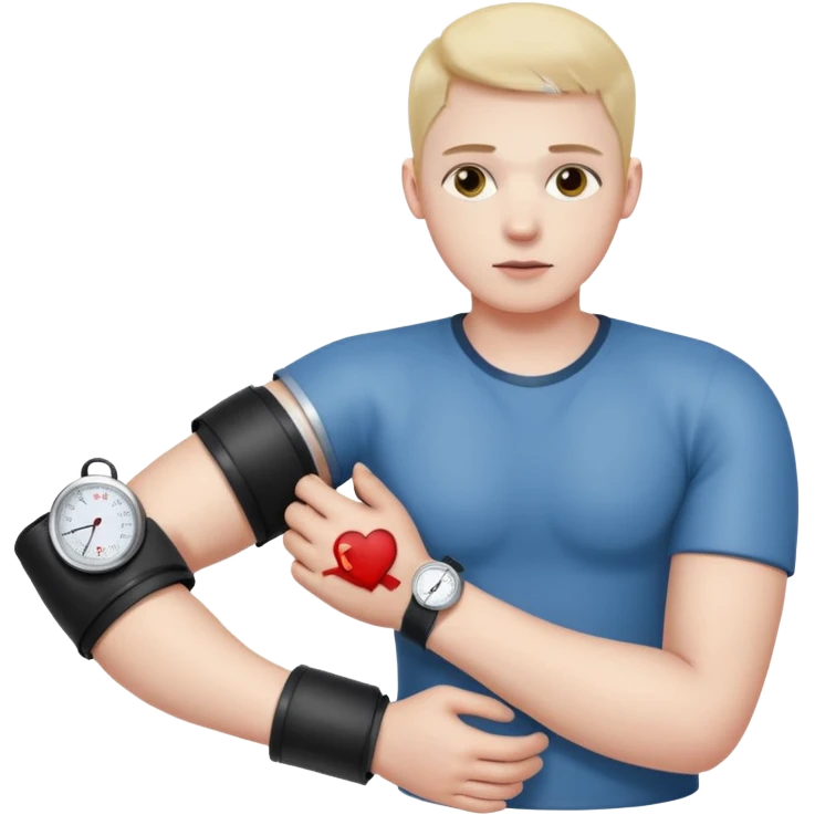 blood pressure cuff wrapped around upper arm with dial reading emoji