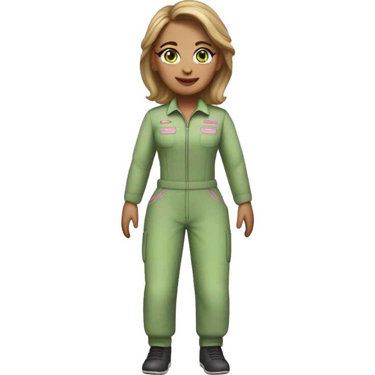 Woman dark blond hair light green eyes  pink  full body jumpsuit flying emoji
