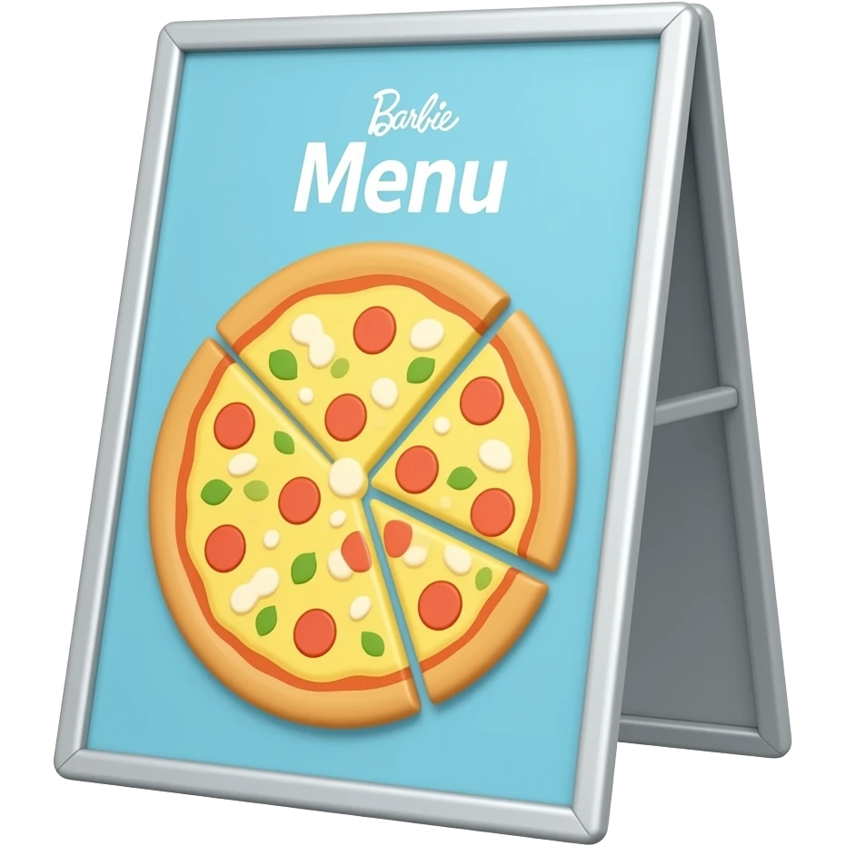 soft blue yellow pizza standing menu board placed on the floor, transparent background inspired by barbie colour pallete emoji