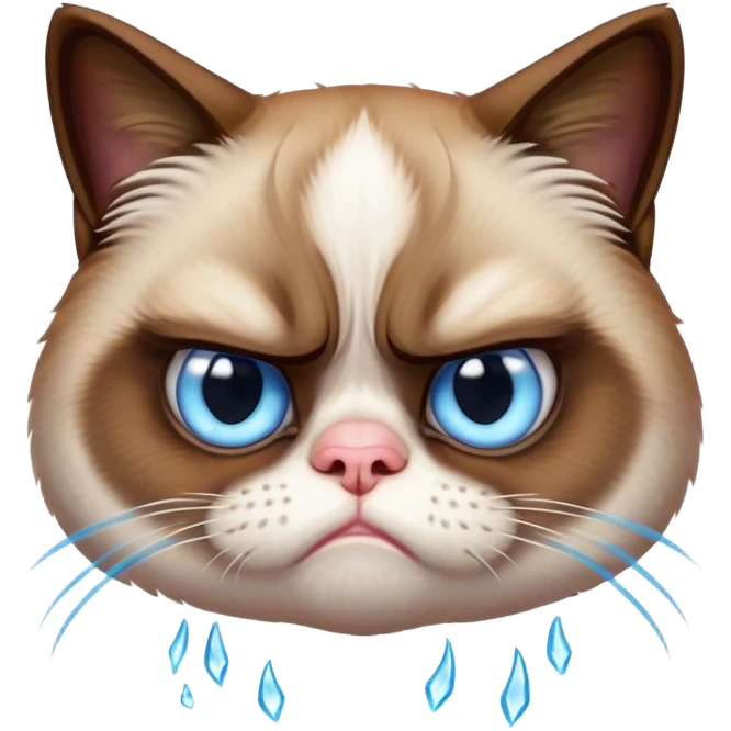Cinematic Meme-Worthy Grumpy Cat meme Portrait Emoji, Head held high but eyes filled with dramatic disappointment, soft brown fur , white paws planted firmly in defiance, signature grumpy cat frown perfectly etched on its face, icy-blue eyes radiating pure disapproval, Simplified yet hilariously over-exaggerated features, highly detailed, glowing with an aura of supreme annoyance, high shine, exhausted yet judgmental, stylized with an almost regal pettiness, bright but brooding, soft glowing outline, capturing the essence of a feline that has seen it all and is thoroughly unimpressed, so meme-worthy it feels like it could instantly become the next viral sensation of grumpiness! emoji