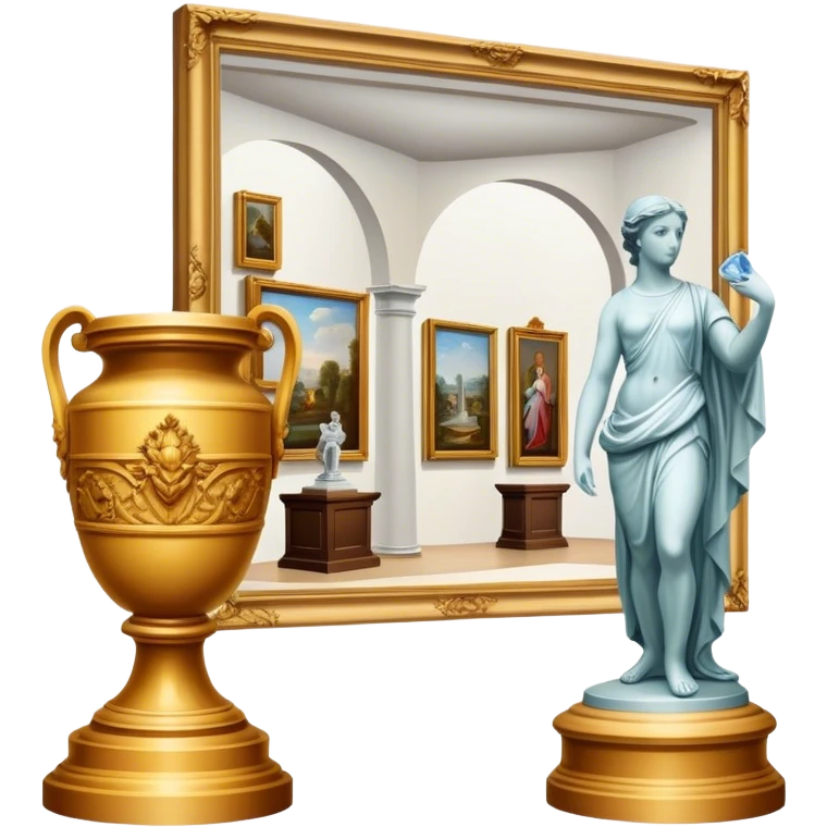 An icon featuring an elegant art gallery with classic paintings hanging on the walls, and sculptures displayed on pedestals. Visitors admire the exhibits, capturing the essence of culture, history, and art. Set against a transparent background. emoji