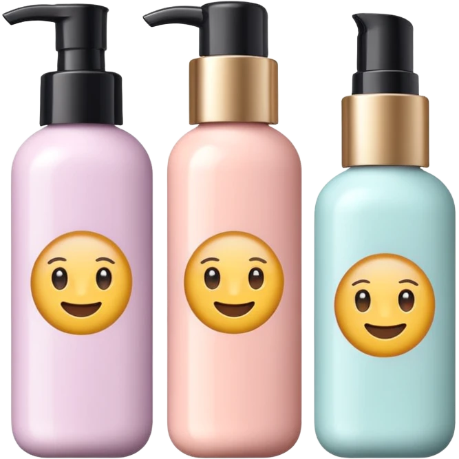 emoji of three different beauty products, with brand labels, minimalistic but luxury design (realistic), pastel colors emoji