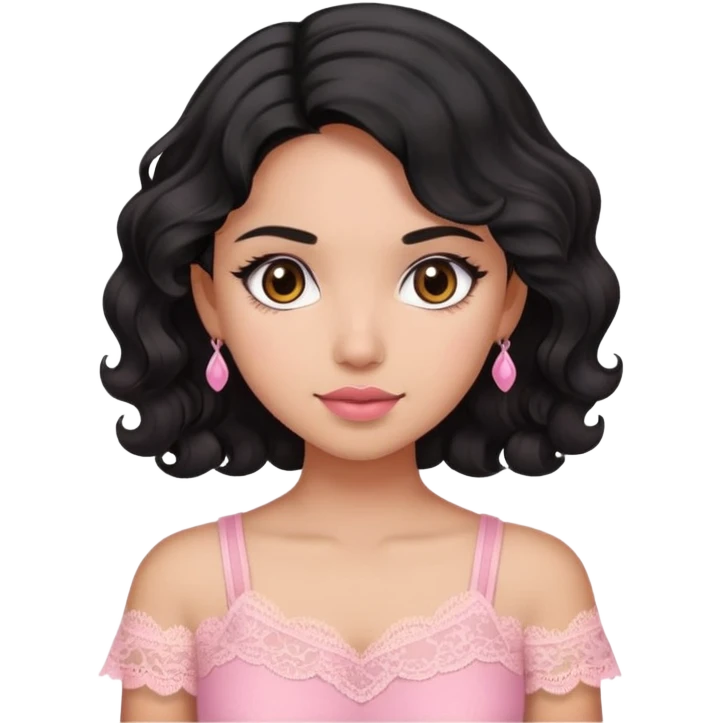 A girl with morena skin tone and black wavy hair wearing pink lace top emoji